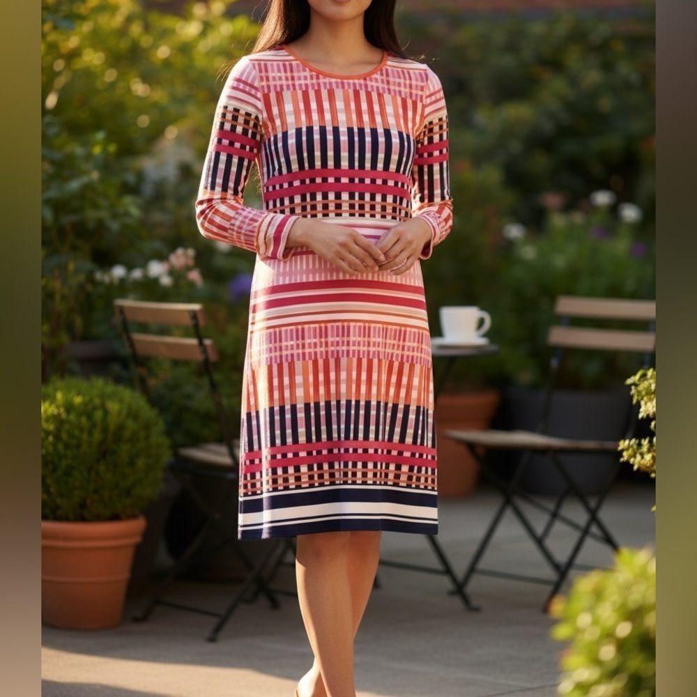 🌸 2/$25 NWT Eliza J. Navy Pink Stripes Dress Geometric Print Orange Cream